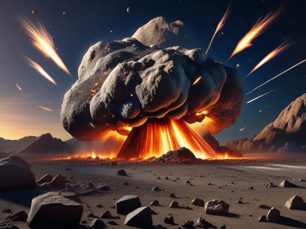A breathtaking meteor strike on an asteroid, captured in a photorealistic style, showcases the incredible scale and power of this natural event
