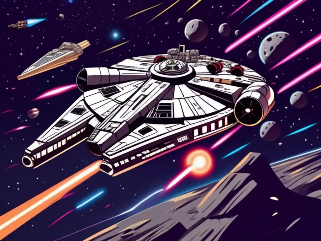 The Millennium Falcon speeds through the darkness, heading towards an asteroid field