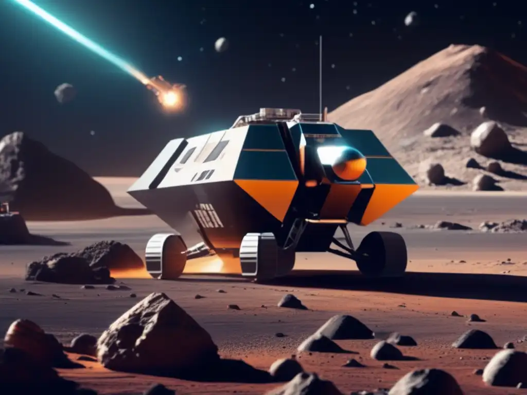 A stunning photorealistic image of a spacecraft landed on an asteroid, showcasing the concept of mining resources in space