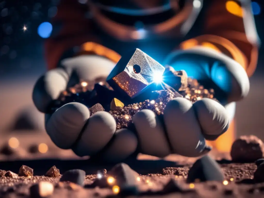 A closeup photograph of an asteroid mine worker clutching a precious mineral sample in a dusty, lowgravity environment