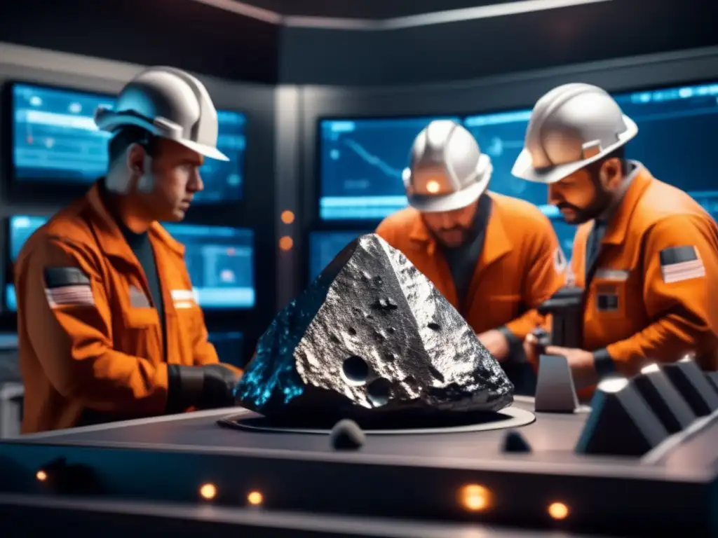 A compelling close-up photorealistic image of a team of miners examining a space rock in a command center, with futuristic equipment and instruments in the background