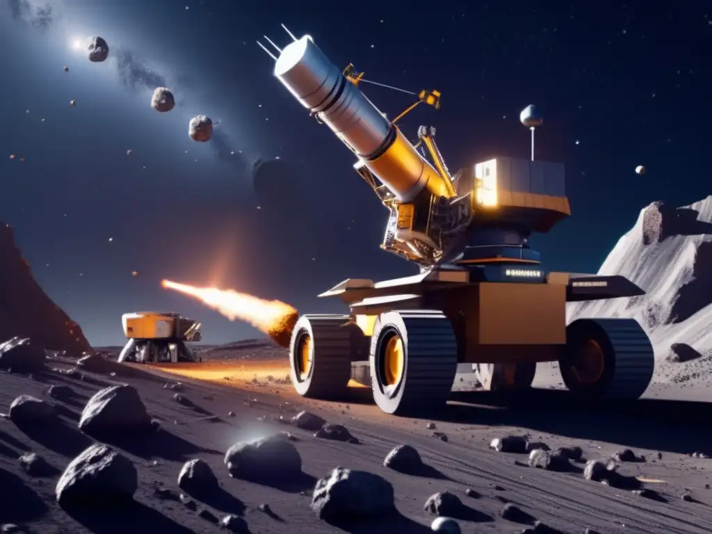 A photorealistic image of a robotic mining operation on an asteroid, with a large mining drill making its way through the asteroid surface