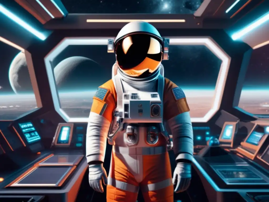An astronaut stands resolute in a futuristic space station, surrounded by mining machinery and machines, with the stars and galaxies shining behind