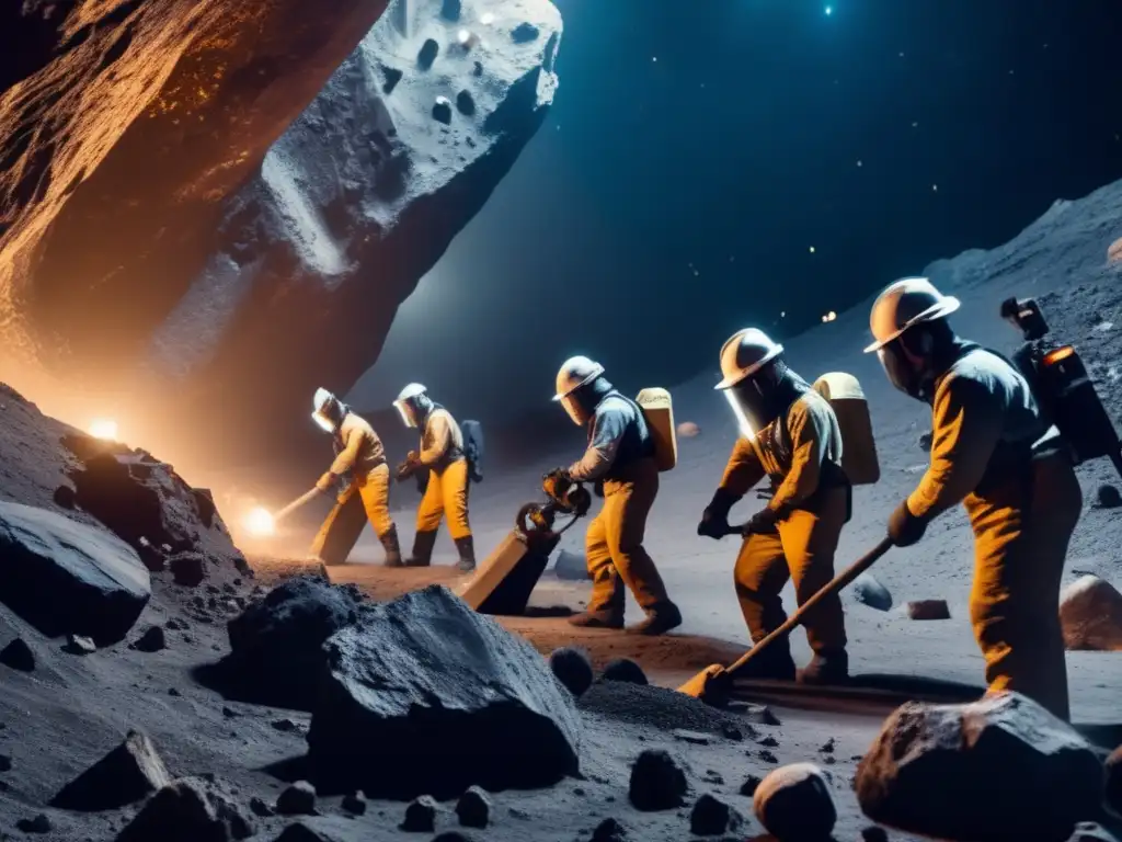 A photorealistic image captures the intense work of a group of miners in a dusty asteroid mining facility