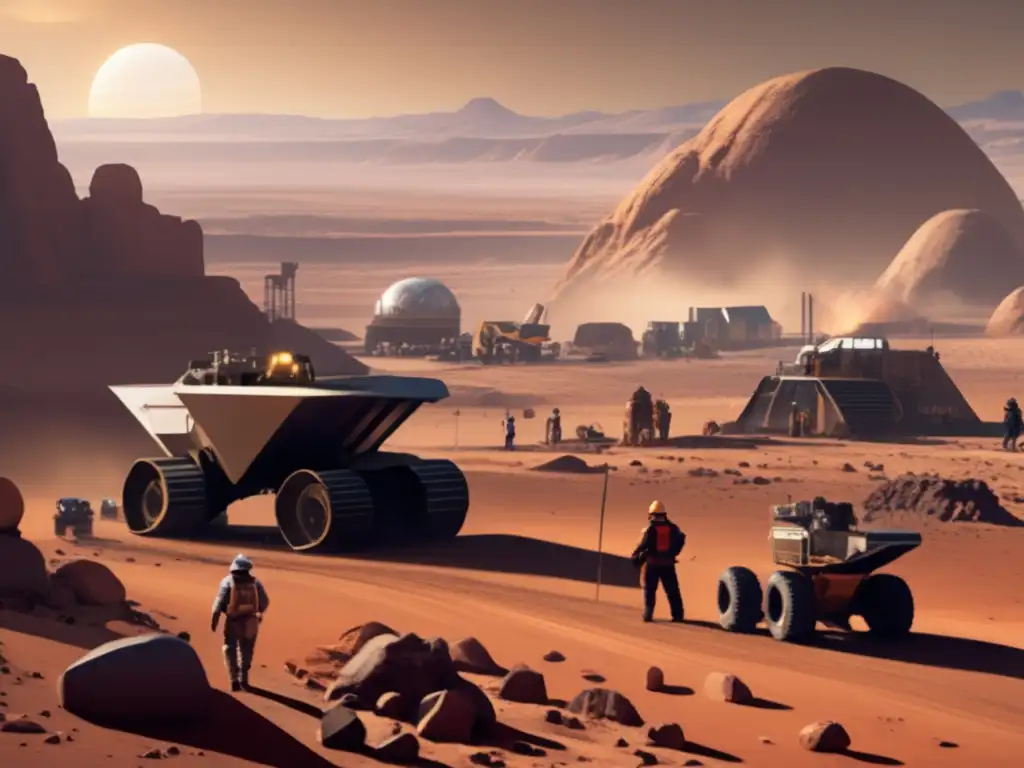 A breathtaking photorealistic image of a rocky desert landscape, showcasing a massive asteroid mining facility in the distance