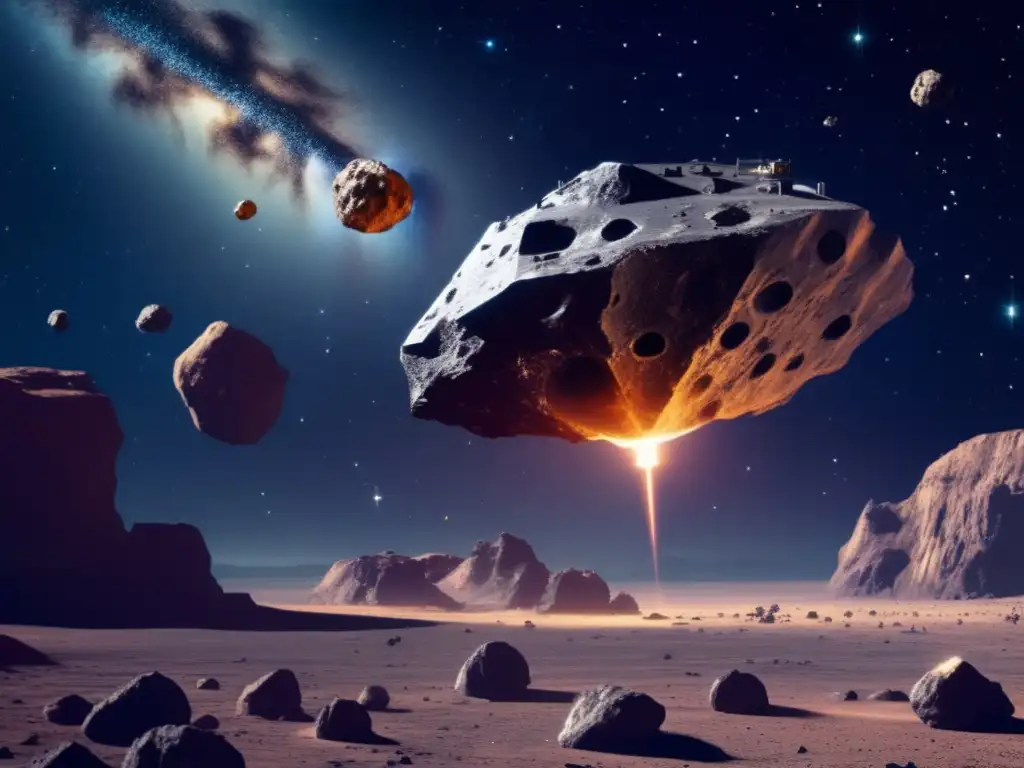 A photorealistic image of a mining drone hovering around a planetoid, drilling into the rock to extract valuable resources