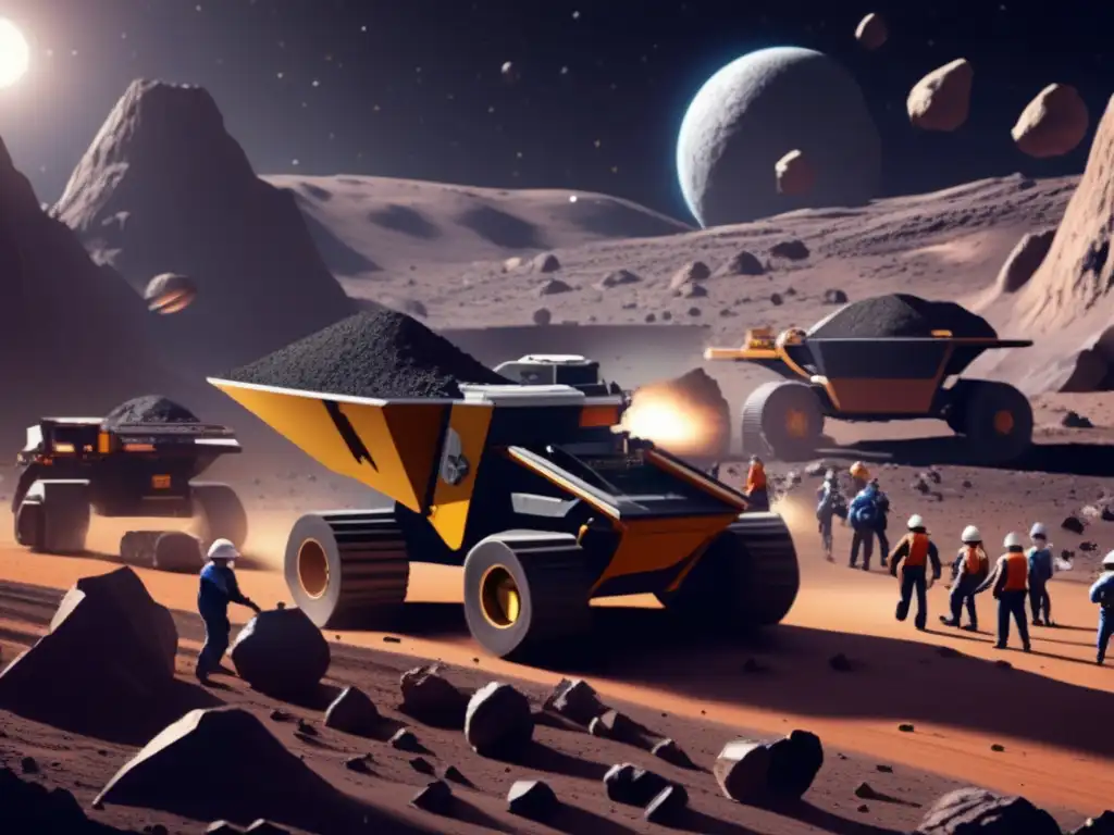 A captivating photorealistic image of a bustling mining operation in the asteroid belt, with fragments of diverse asteroids dotting the background