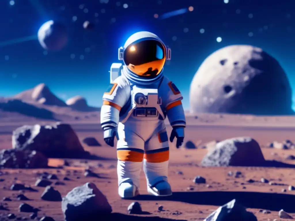 Determined character in spacesuit stands before a crater-marked asteroid, mining equipment visible