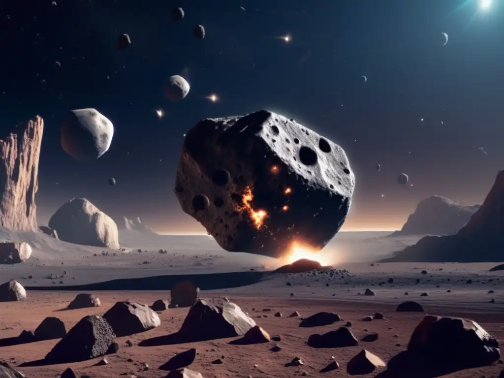 A striking photorealistic image of a spacecraft meticulously mining asteroids amidst a cold and perilous space environment