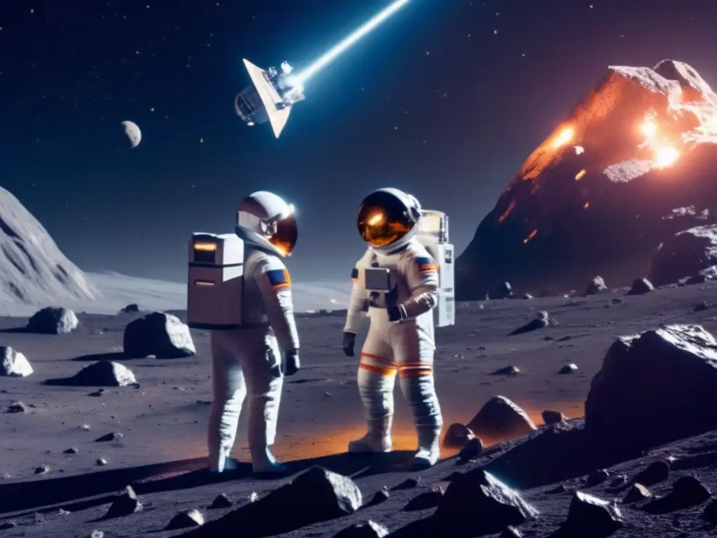 Two astronauts in futuristic mining gear gaze upon the sprawling landscape of illuminated asteroids in sleek helmets