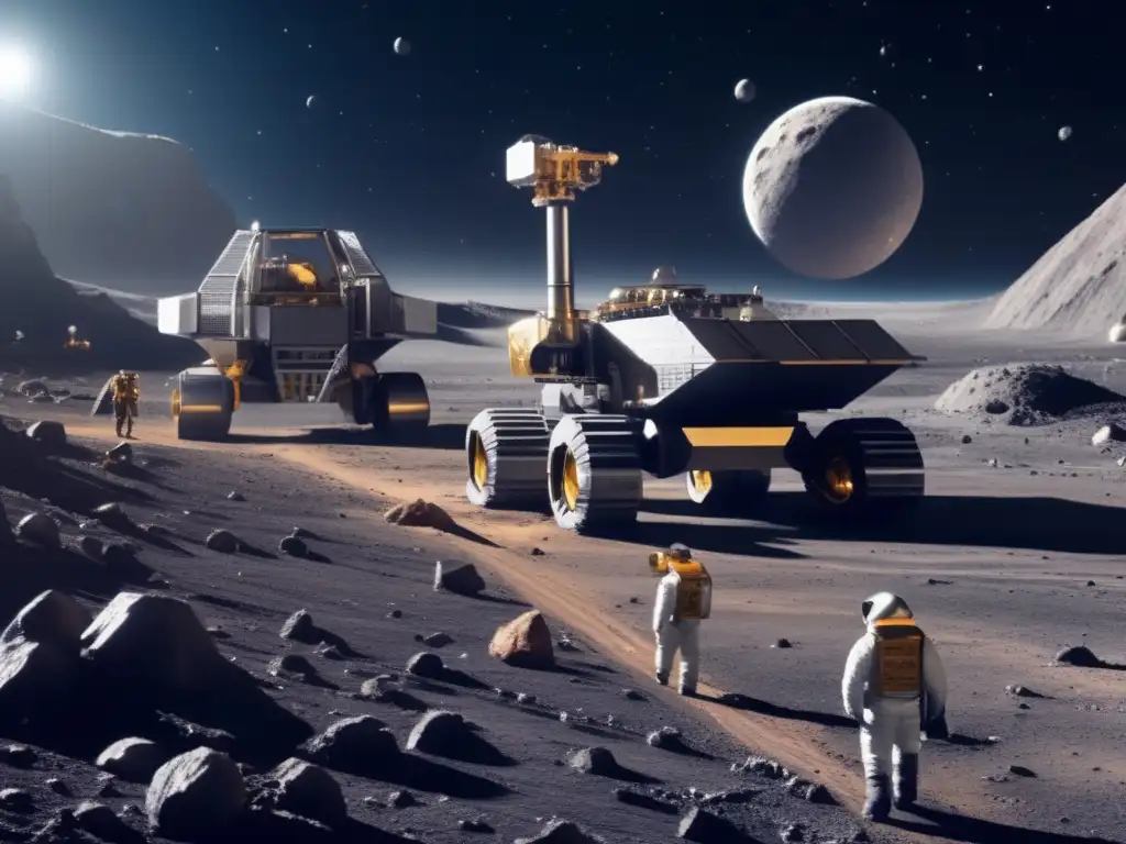 Miners in bulky suits work tirelessly on a massive asteroid, excavating valuable resources as the rugged lunar surface glimmers in the background