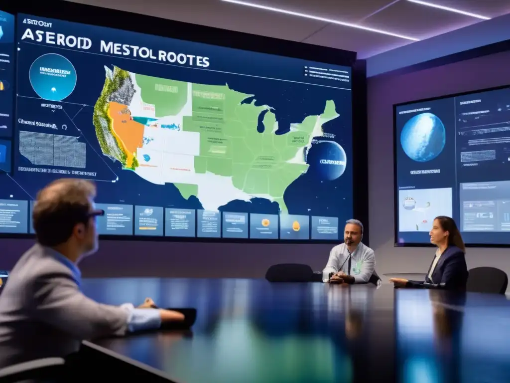 A diverse group of scientists and engineers scrutinize a complex asteroid mining plan in a cutting-edge conference room