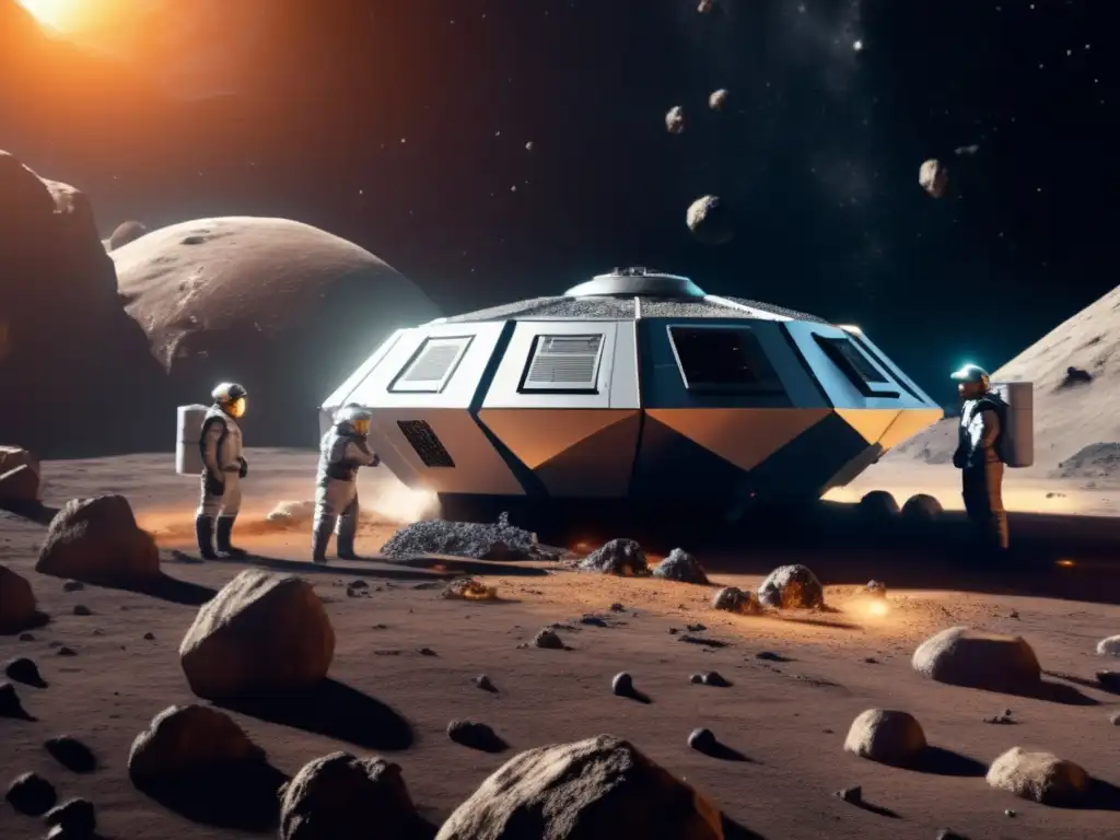 A gritty scene of miners working on an asteroid mining ship, with a reddish asteroid in the background, surrounded by mining equipment and machinery