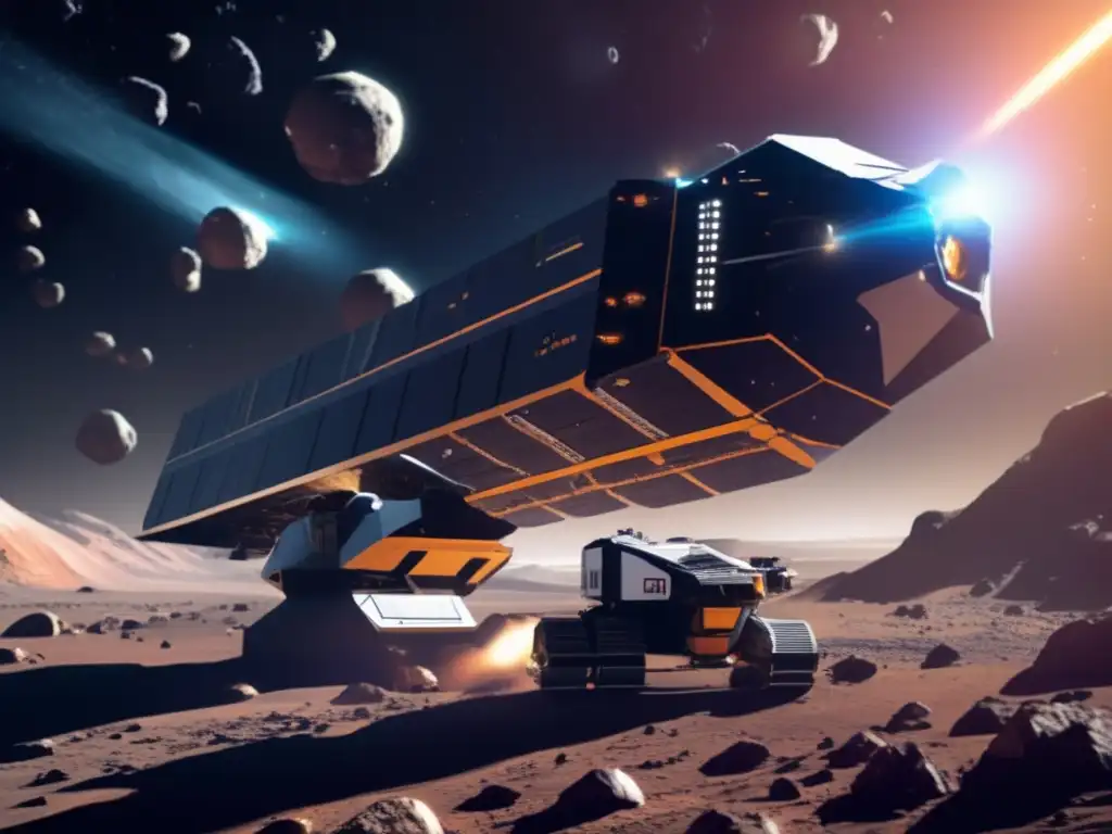 A breathtaking image of a futuristic asteroid mining vessel sailing through the cosmos, surrounded by a capable squad of asteroid miners