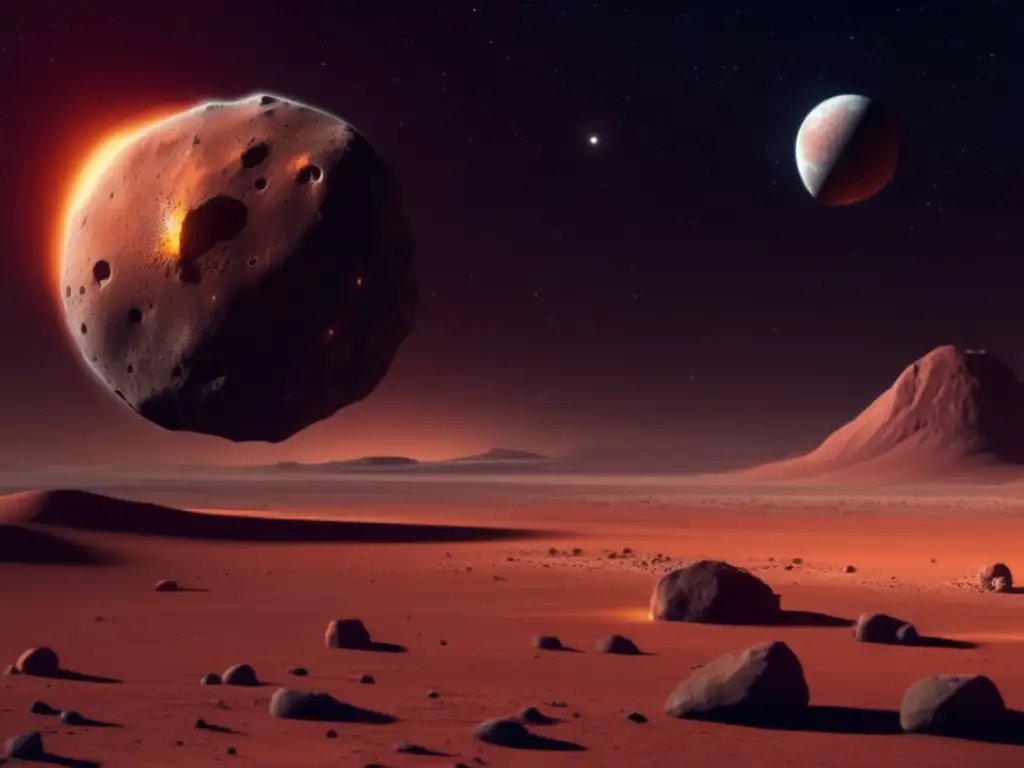 An atmospheric 3D depiction of Misenus, Mars' enigmatic asteroid, orbits around the red planet
