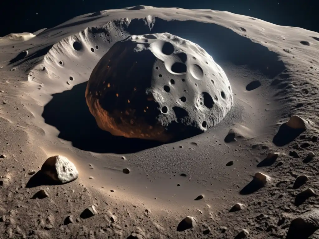 A stunning photorealistic image captures Misenus asteroid's rugged terrain, with craters and intricate geological formations scattered throughout