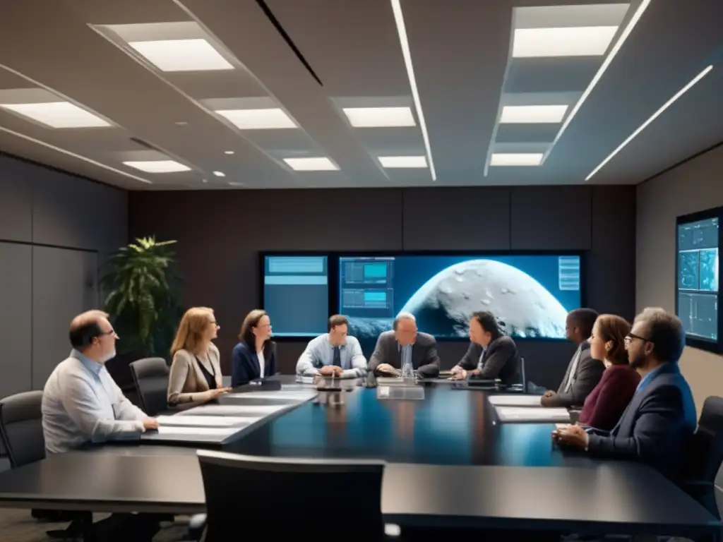 A photorealistic image of a scientific team analyzing data related to asteroid Misenus in a well-lit conference room