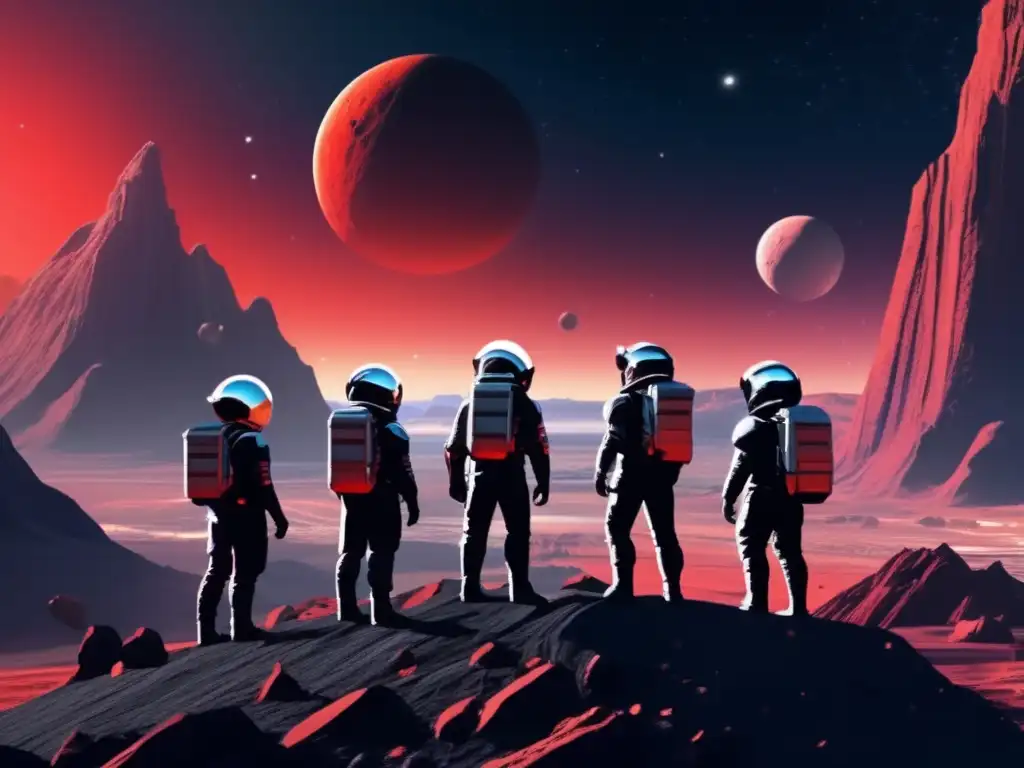 A thrilling scene of five Space Rangers explorers, adorned in futuristic black and white attire, perched atop a mountainous asteroid, surveying a distant, inviting red celestial body, seemingly a dwarf planet