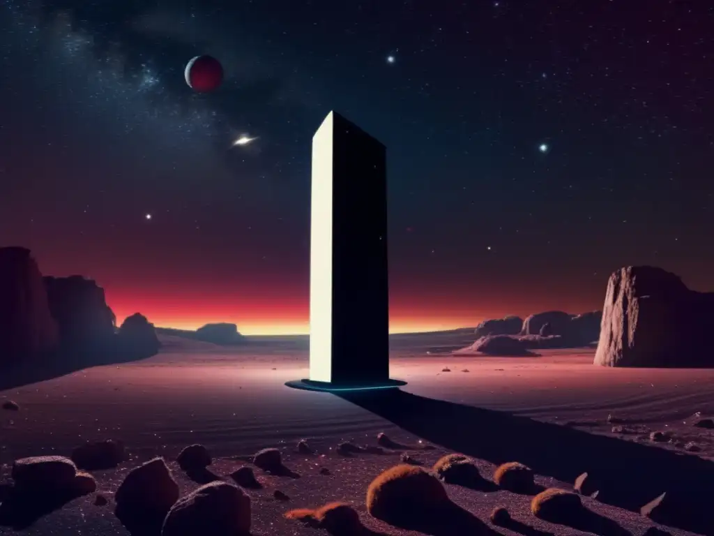 An Photorealistic image of Stanley Kubrick's 2001: A Space Odyssey Monolith surround by a beautiful star field, with the distant planet Saturn visible