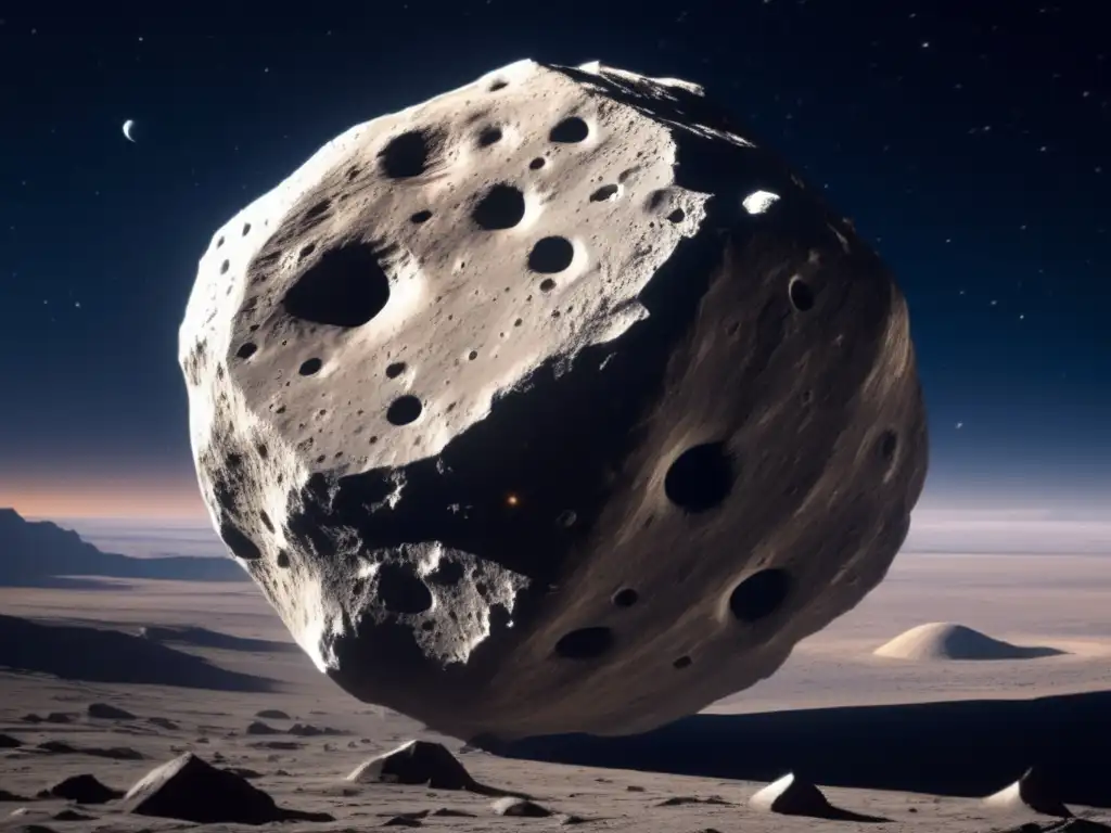 A massive asteroid, reminiscent of Earth, appears rugged and weathered with craters and valleys
