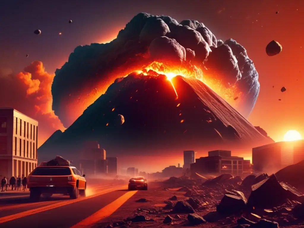 A photorealistic image of a massive asteroid streaking across the sky, causing destruction as it collides with buildings and vehicles, while people scramble for safety