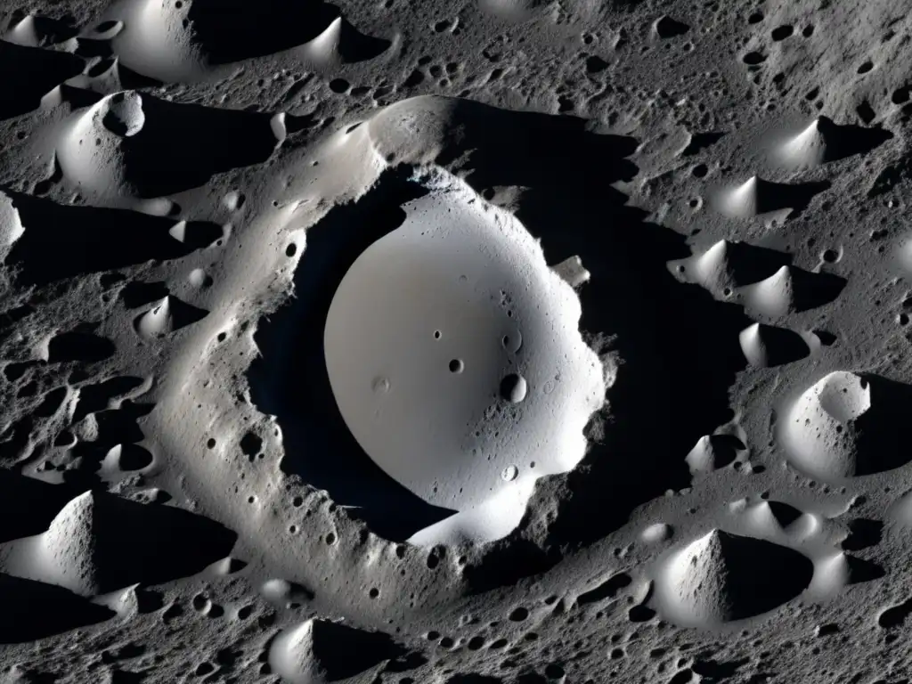 A photorealistic image captures the stark, unforgiving nature of the moon's surface with a small, impact crater surrounded by jagged terrain