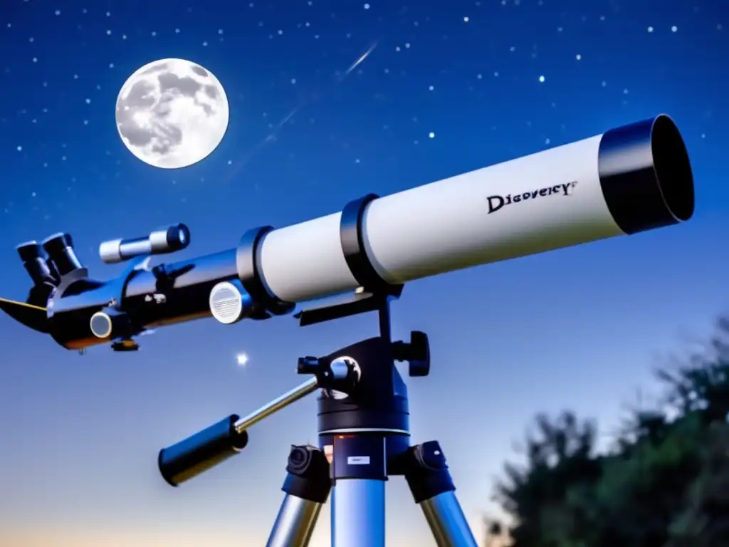 A sleek and modern stateoftheart refractor telescope points towards the night sky, capturing the vivid image of the moon and stars close up