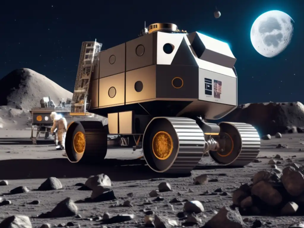 A stunning photorealistic depiction of the Moon Express spacecraft in a mining mission on the moon