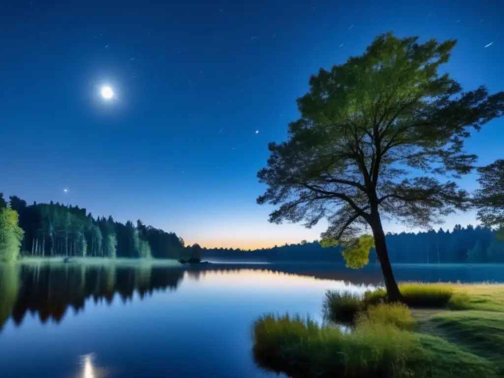 A stunning photograph of a calm and serene landscape under the moonlight, with the blue sky in the background