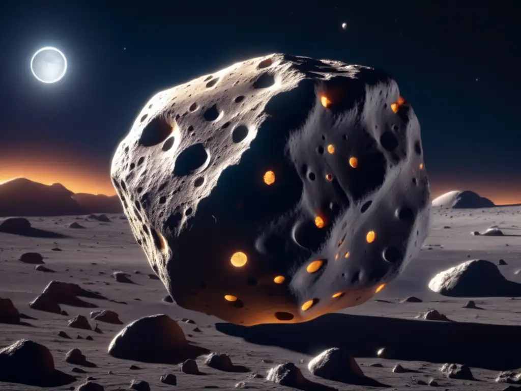 Ethereal beauty: A photorealistic closeup of an illuminated asteroid with craters, lit by the moon's phases