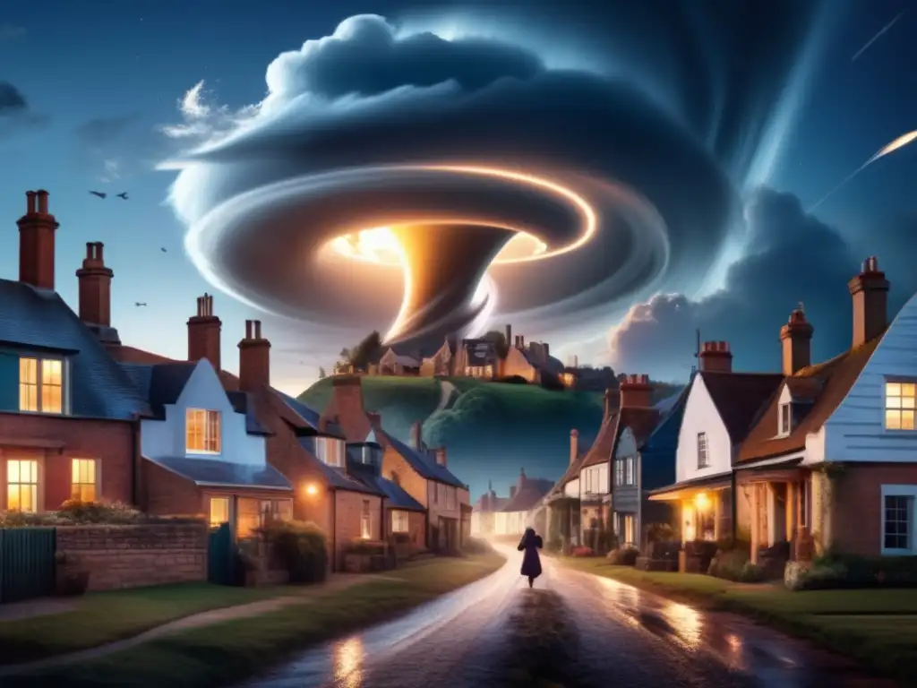 A photorealistic image of a celestial tornado at sunrise, surrealistically descending towards an ancient Victorian-style village