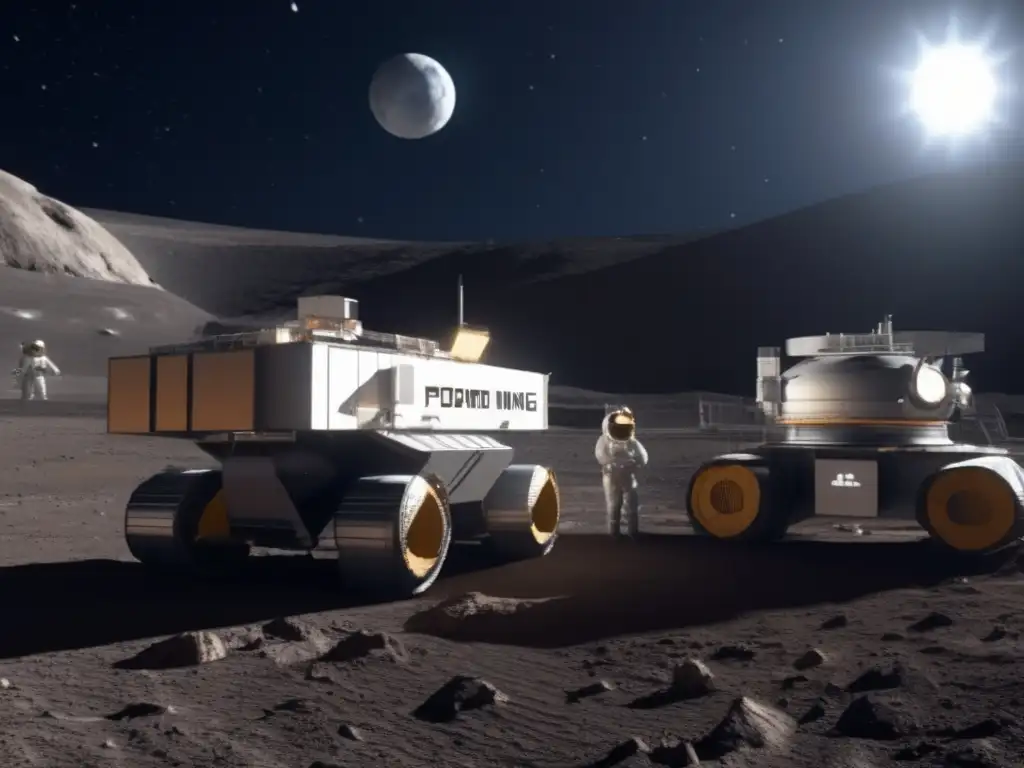 Photorealistic panoramic view of a space station orbiting the moon, astronauts in spacesuits conducting mining operations on the lunar surface with various equipment including drills, extractors, and storage tanks