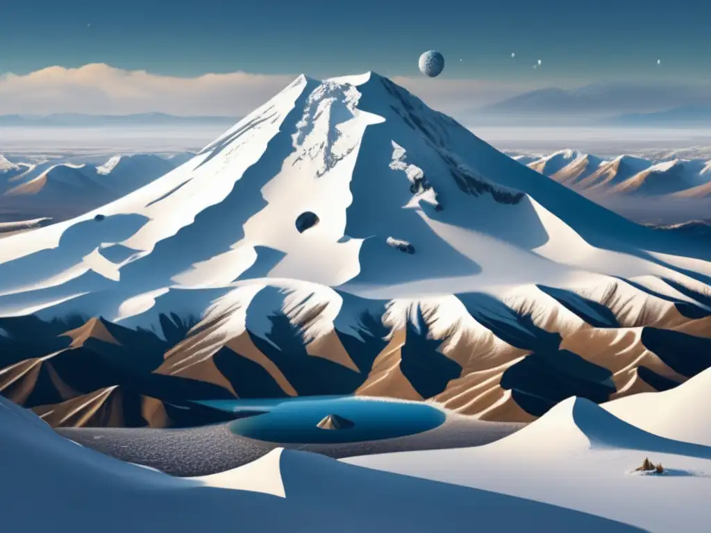 Stunning photorealistic artwork of a snowy landscape with towering mountains and meteorite craters