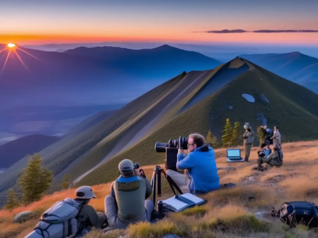 Astronomers gathered atop the mountain range, binoculars and telescopes in hand, as the sun sets and casts an orange glow over the area