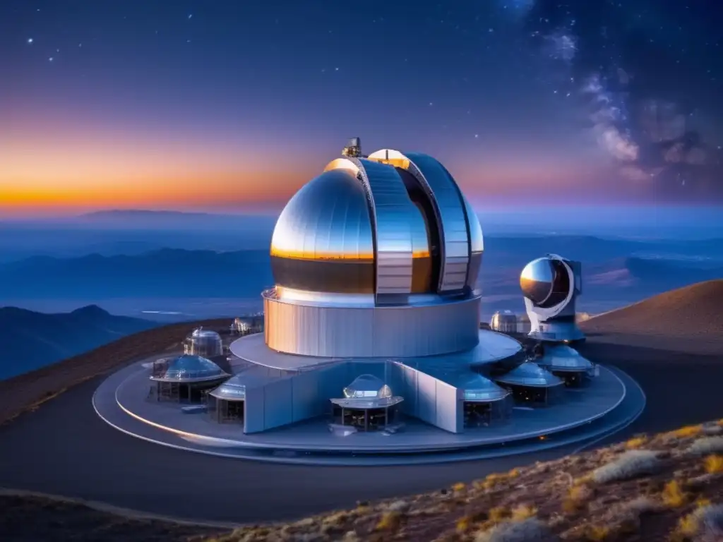 A breathtaking image of a futuristic telescope array atop a mountain peak, revealing the beauty of deep space beyond our galaxy