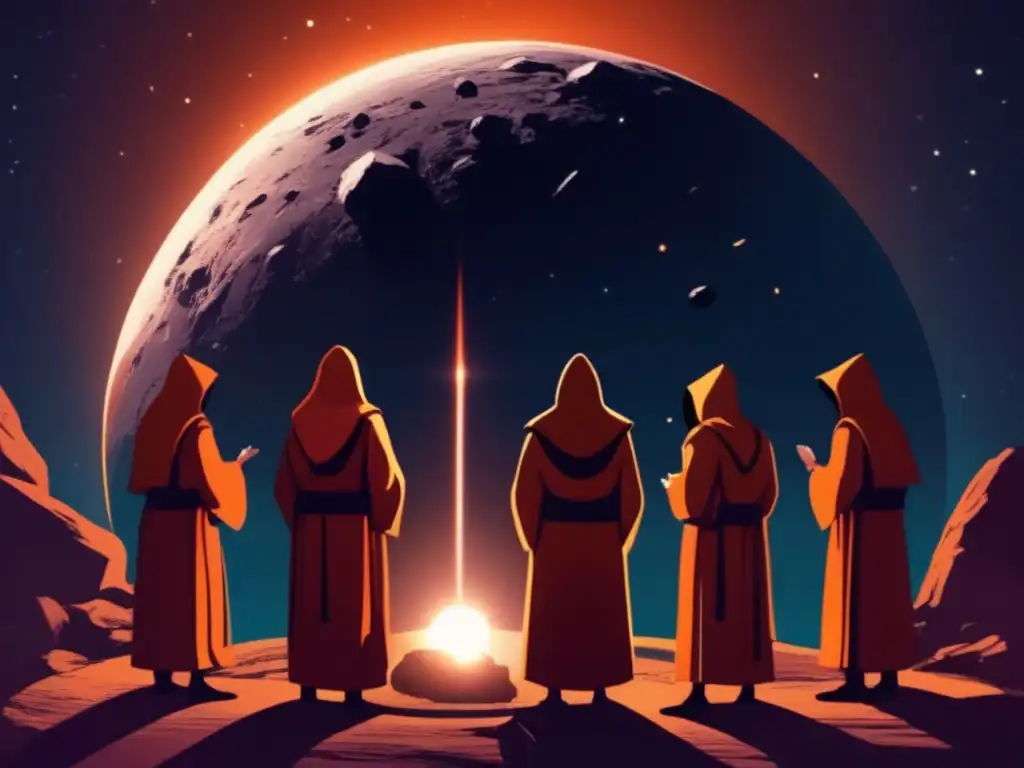 A captivating image of early Christian monks gathered in a circle around an asteroid, with their faces illuminated by the glow of the celestial body