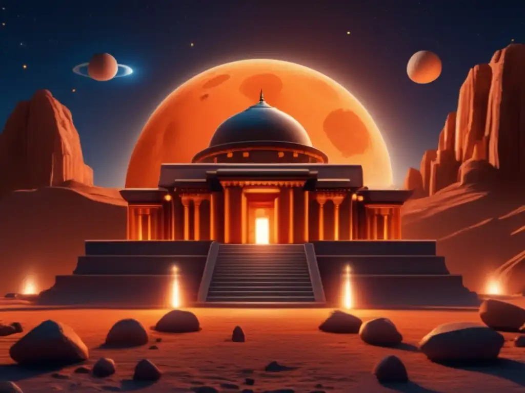 A photorealistic image of a Zoroastrian temple lit up at night, with two asteroids visible in the sky