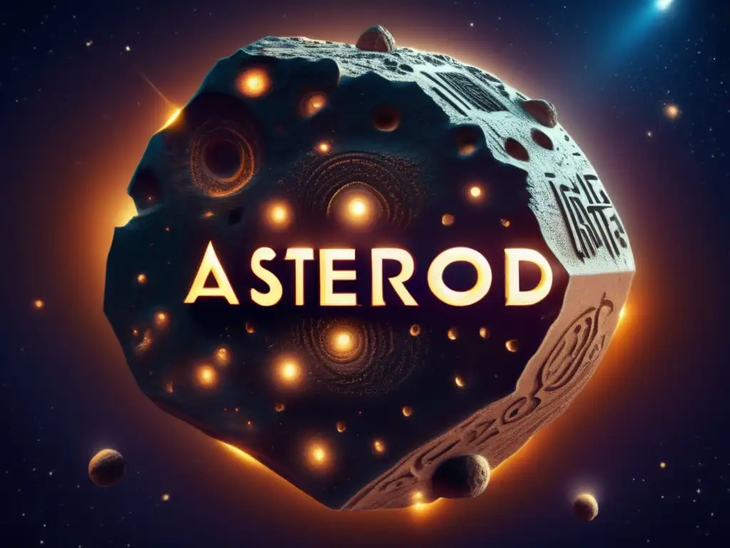 A photorealistic asteroid adorned with intricate Gnostic text, radiating a bright glow, hovers over a mysterious landscape