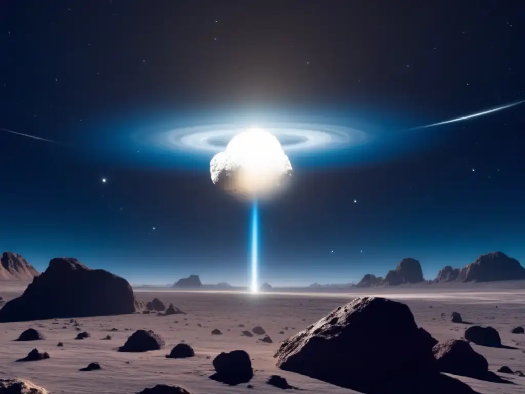 A brilliant white asteroid pierces through the vast, dark expanse of space, emitting a mysterious halo of light from within its core