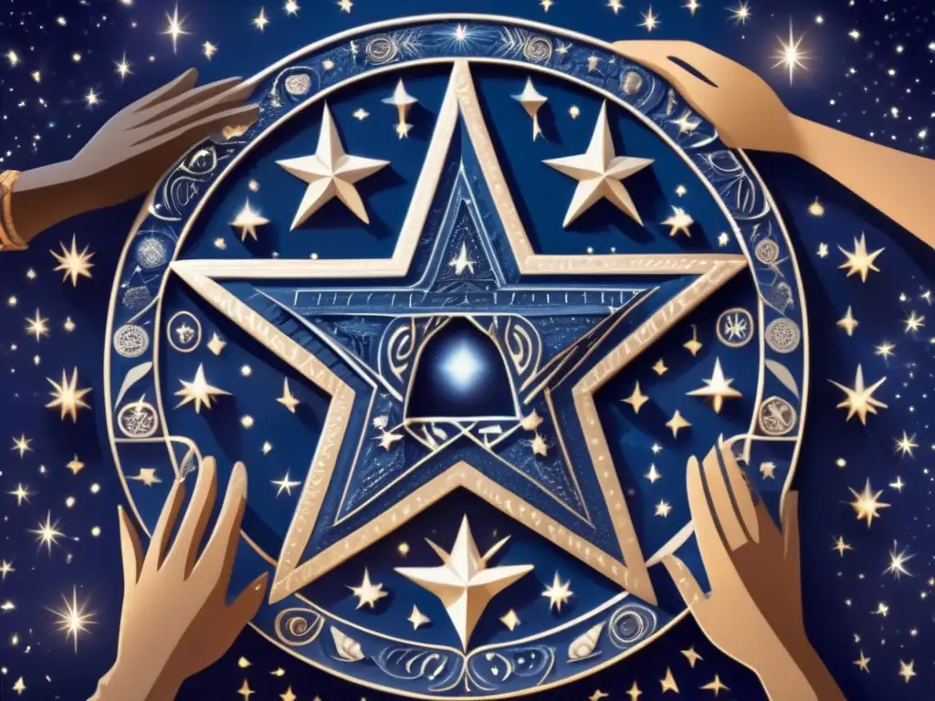 A mystical fivepointed star with intricate carvings glows in deep blue with white accents, surrounded by ancient symbols and mythological creatures