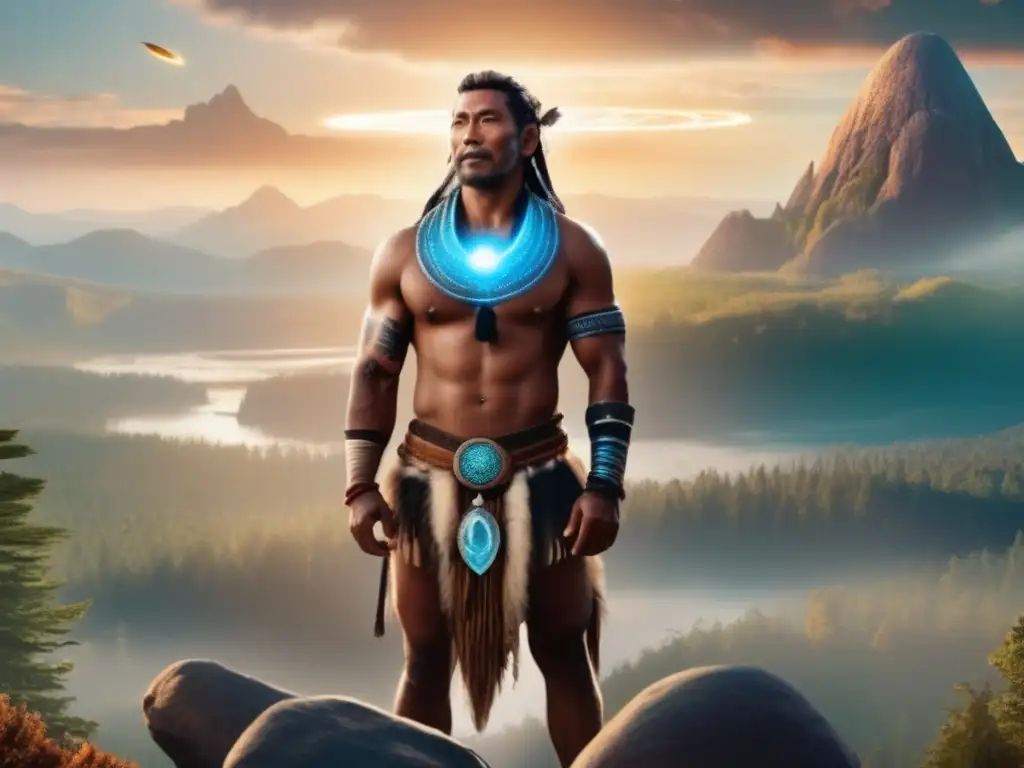 A mystical figure with an intricate Asteroid Belt tattoo stands amidst the vast expanse of ancient Siberian forests, surrounded by sacred tools and artifacts