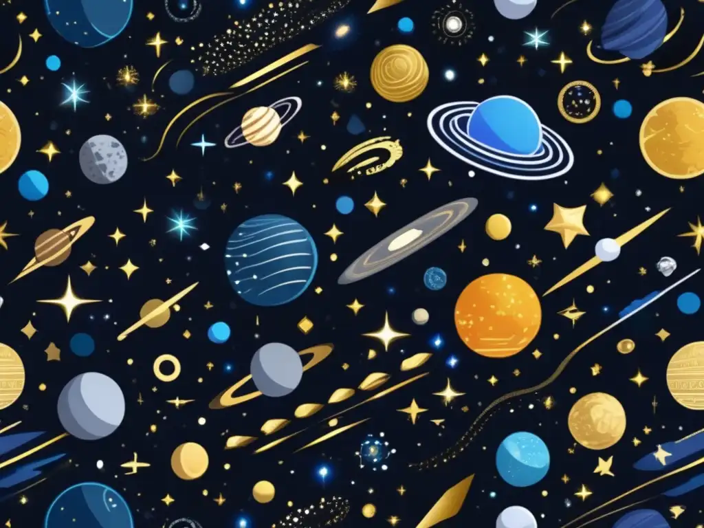 A cosmic canvas adorned with gleaming asteroid symbols in gold, silver, and starry blue, arranged in a mesmerizing pattern against a deep black backdrop, symbolizes the vast and mythological names referred to in the article 'Exploring Mythological Asteroid Names In Modern Astronomy,' capturing the essence of modern mythology in the vast expanse of space