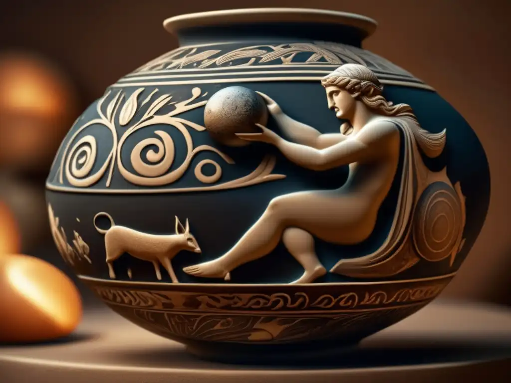 Photorealistic style depicts ancient Greek pottery detailing mythological character holding a small asteroid intoken of love