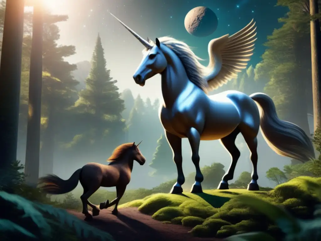 Dash: 'A celestial meeting of myth and science - a photorealistic depiction of Eugenia and a unicorn standing in a lush forest, their silhouettes cast onto the ground by the mysterious asteroid in the distance