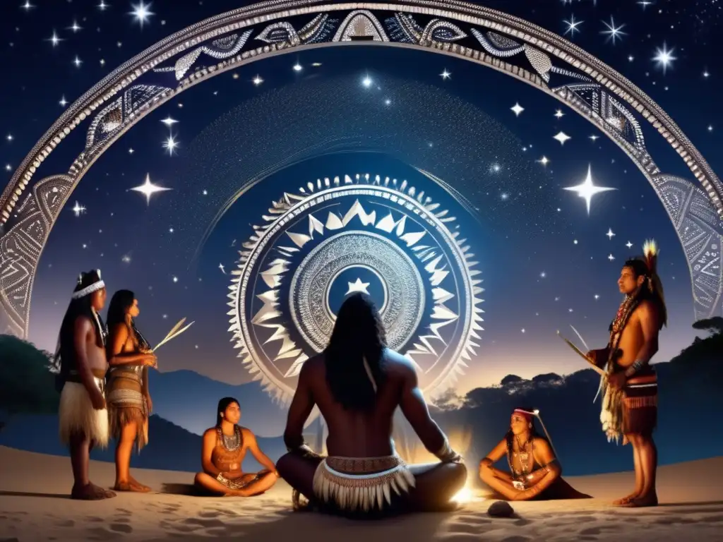 An ancient Indigenous Brazilian mythological scene comes to life beneath a vibrant night sky with stars twinkling in the background