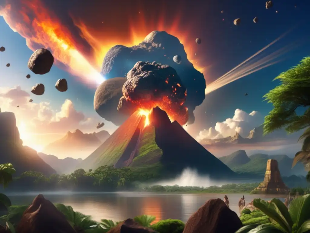 A photorealistic depiction of a mythical cataclysm involving an asteroid colliding with prehistoric Earth