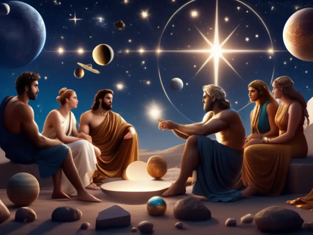 A photorealistic depiction of Greek gods and goddesses in a modern setting, surrounded by celestial bodies such as stars, planets, and asteroids