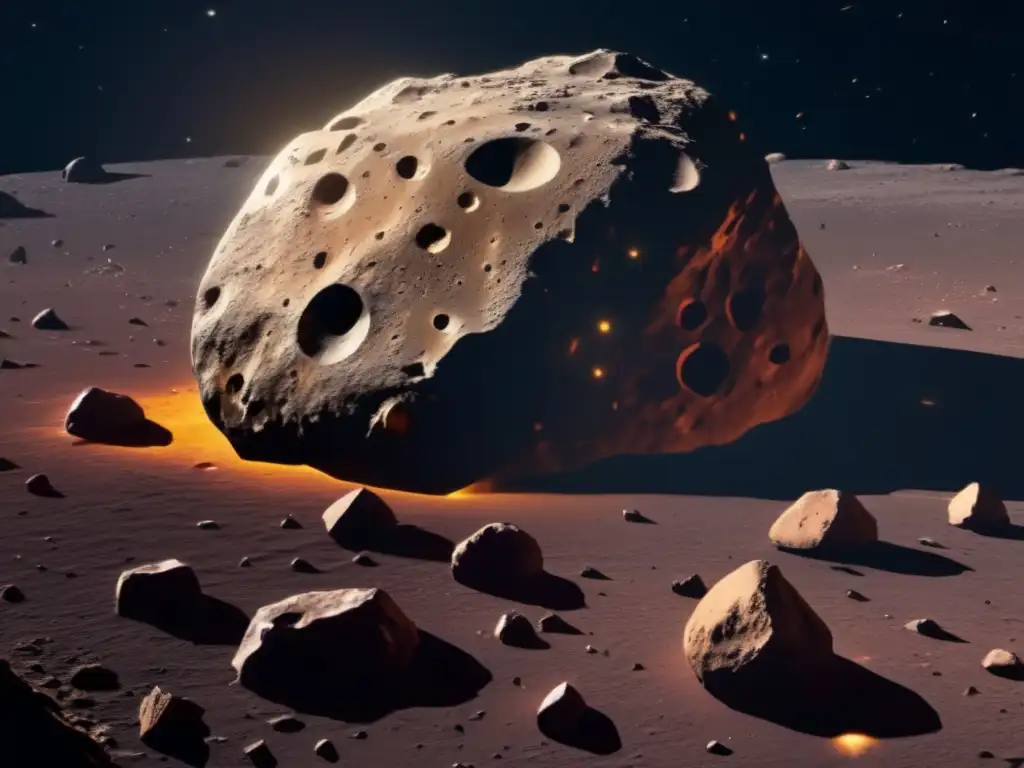 An immense asteroid, with jagged craters and reddish-tinted surface, surrounded by a dark background and floating rocks