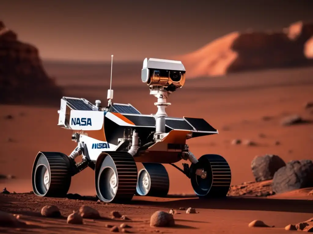 NASA continues exploring the rugged terrain of Mars with a rover, as seen in this artistically detailed photorealistic image