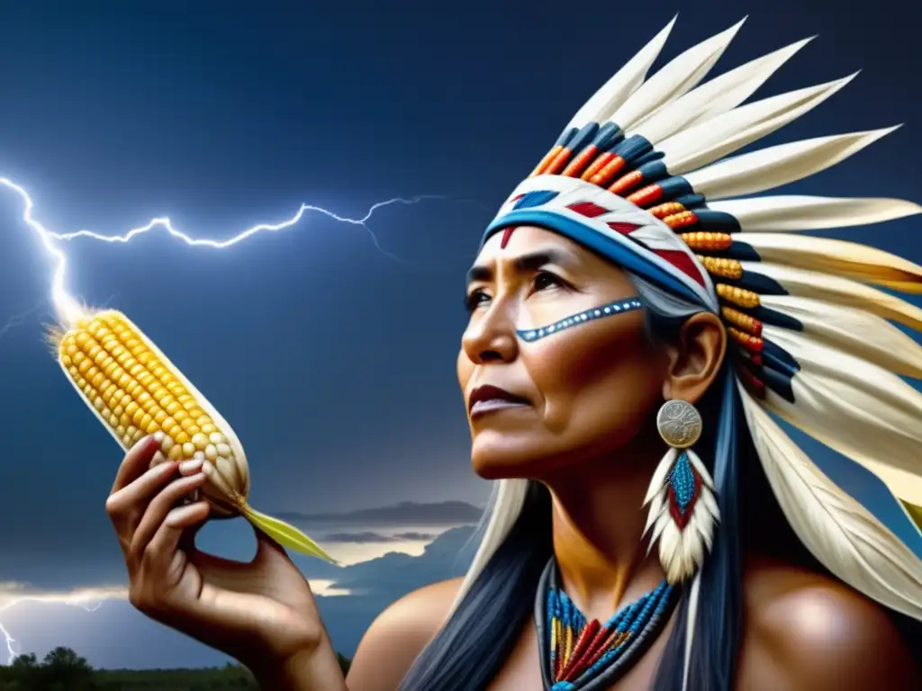 A powerful Native American woman, with long flowing white hair and adorned corn ears, holds an intricately decorated corn husk